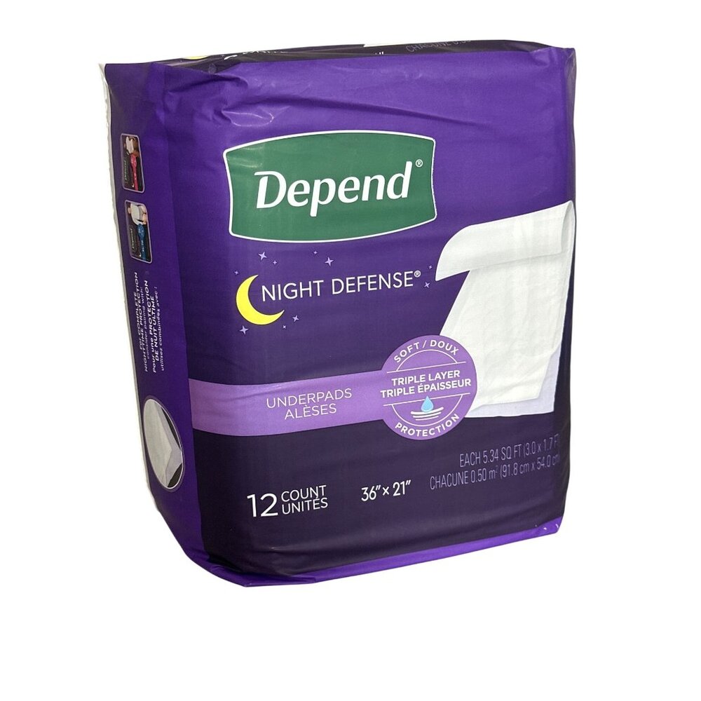 Depend Night Defense Underpads 36" X 21" 12 Count Triple Layer Protection Soft